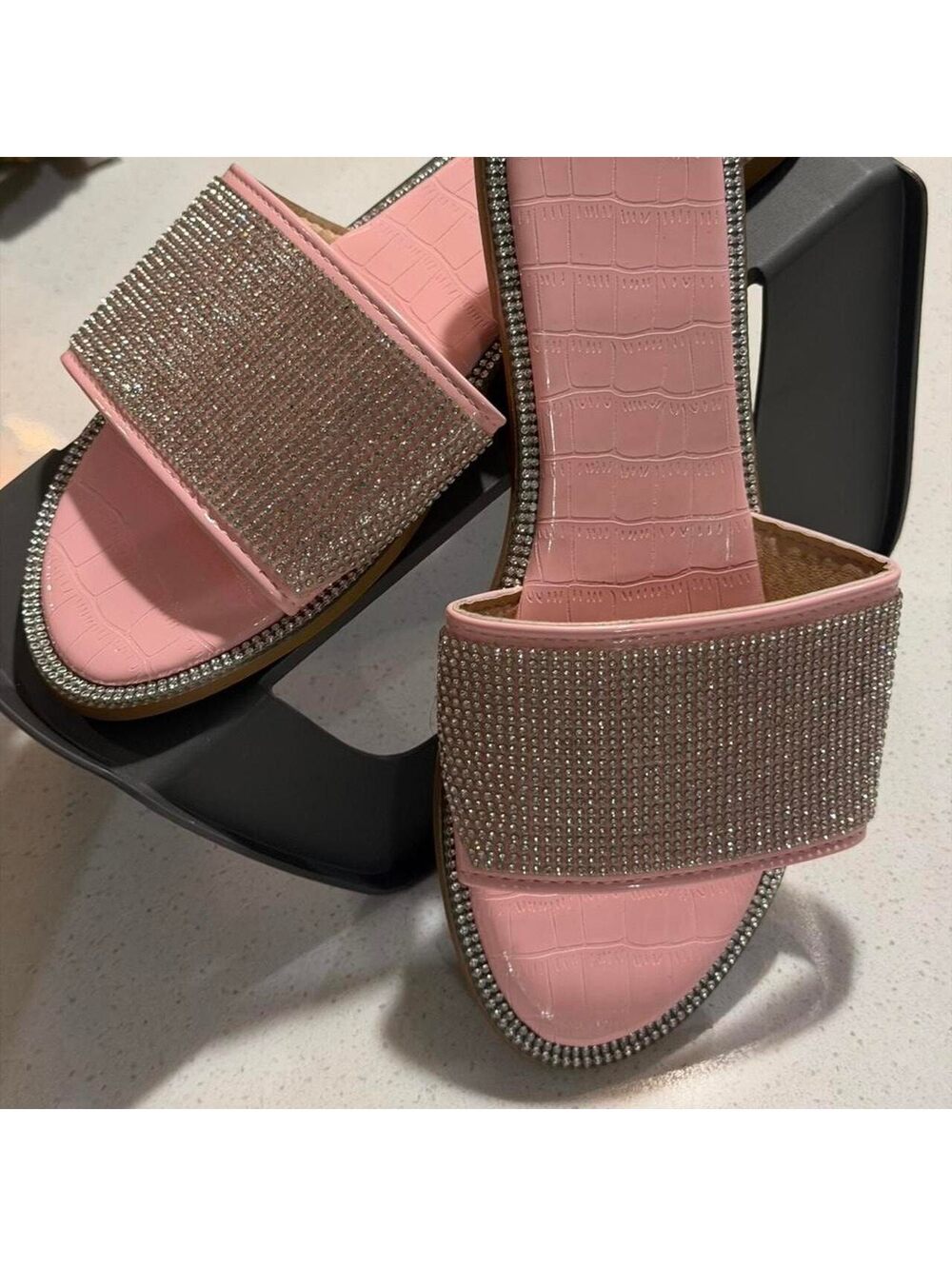 Pink Rhinestone Embellished Slide Sandals Size 38